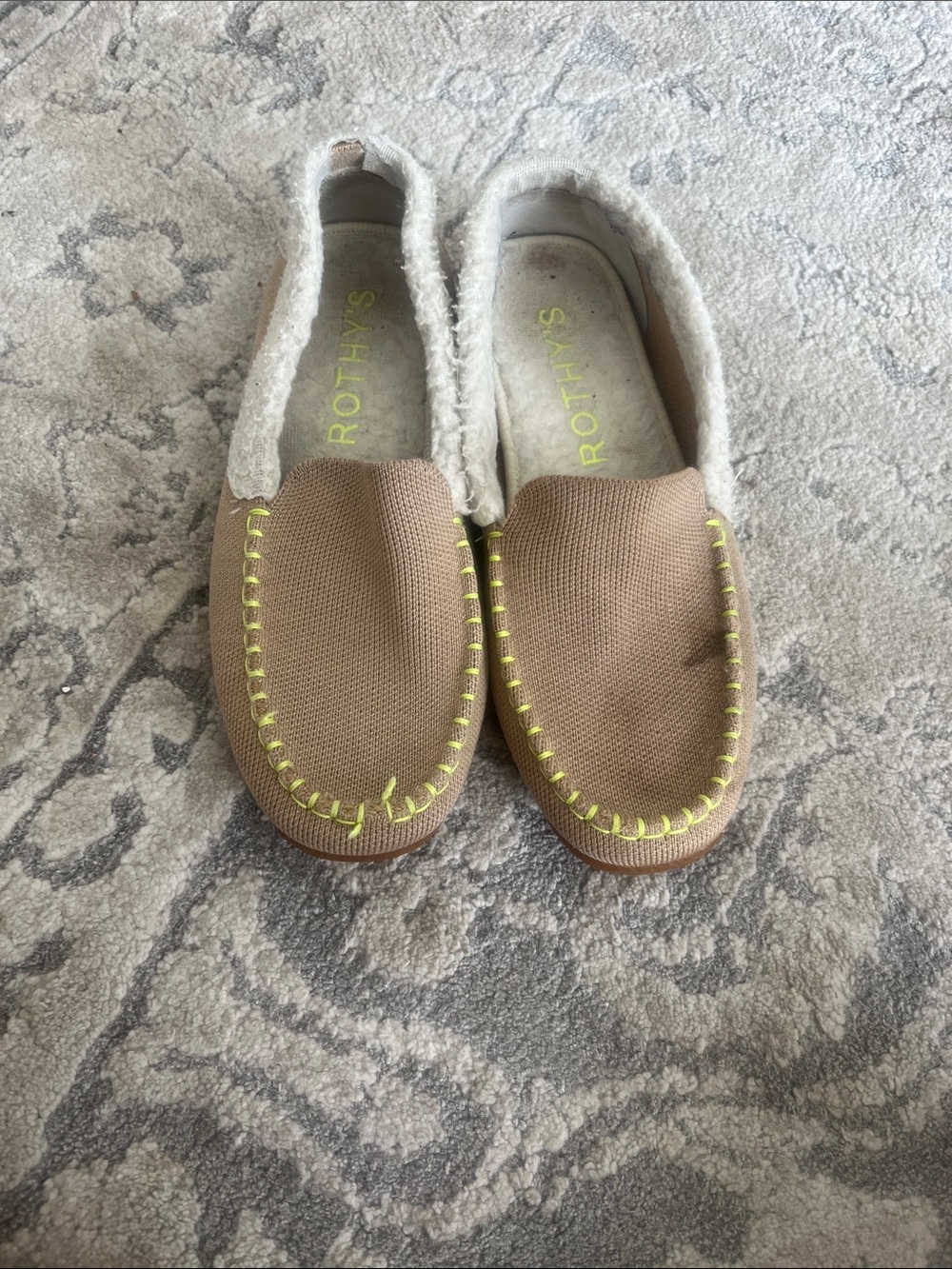 Rothy's Tan Slip-On Moccasin with Neon Yellow Stitching